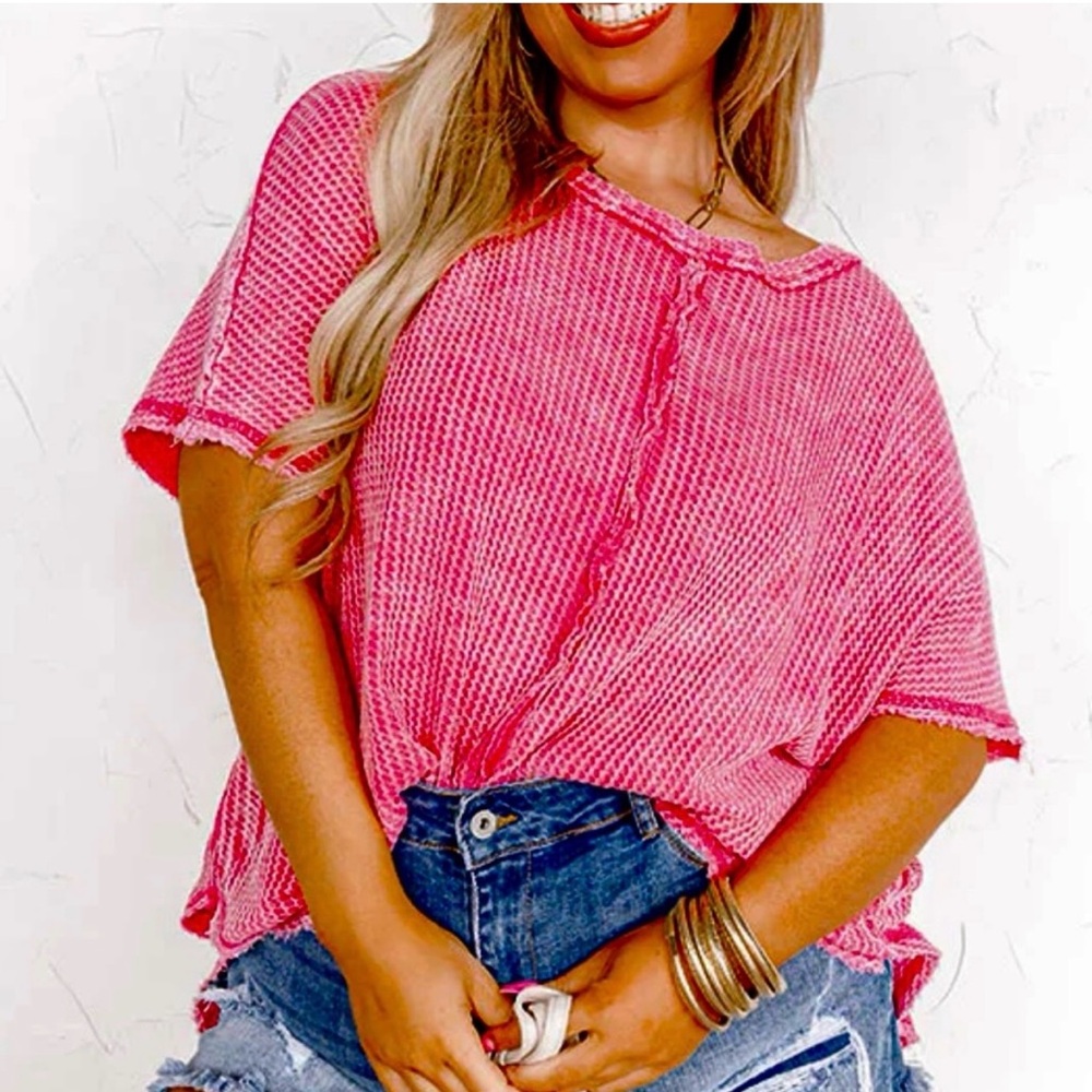 Zenana New Pink Waffle Knit Ribbed Wash Pink Magenta Top